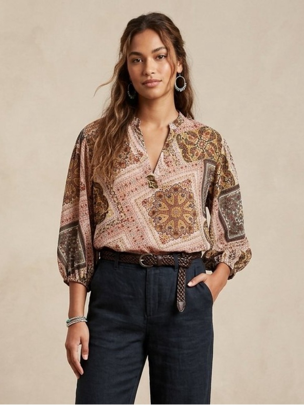 Unique Spectrum Boho Printed Peasant Blouse Size XL